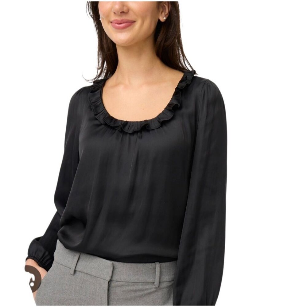 J. Crew Black Ruffle Satin Blouse Top Shirt Longsleeve Classic‎ Office Sz Medium
